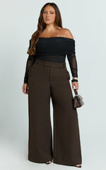 Jaythen Bodysuit - Long Sleeve Off Shoulder Ruched Mesh Bodysuit in Black