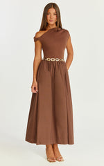Jhamie Midi Dress - One Shoulder Contrast Skirt Dress in Chocolate