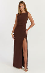 Joanne Maxi Dress - Scoop Neck Fringe Dress in Chocolate
