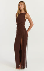 Joanne Maxi Dress - Scoop Neck Fringe Dress in Chocolate