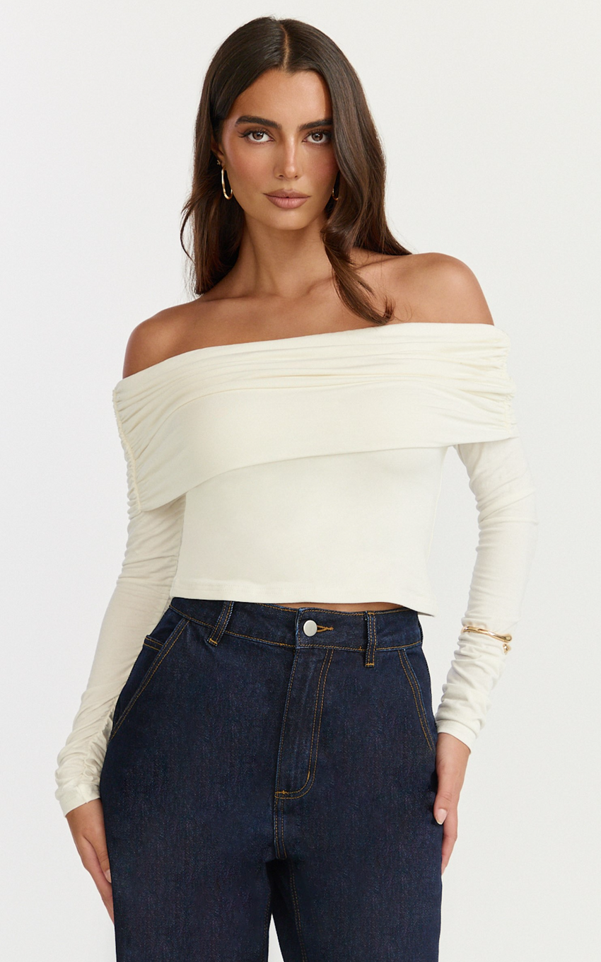 Jolie Top - Off Shoulder Long Sleeve Gathered Top in Cream