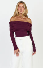 Jolie Top - Off Shoulder Long Sleeve Gathered Top in Wine