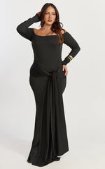 Judith Maxi Dress - Boat Neck Backless Tie Front Long Sleeve Jersey Dress in Black