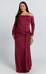Judith Maxi Dress - Boat Neck Backless Tie Front Long Sleeve Jersey Dress in Wine
