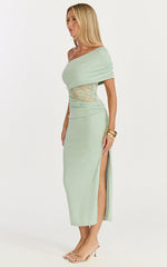 Juliet Midi Dress - One Shoulder Lace Contrast Bodycon Dress in Sage