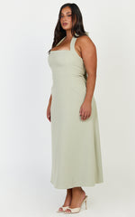 Karissa Midi Dress - Halter Neck Fitted Bodice Midi Soft A Line Skirt Dress in Pistachio