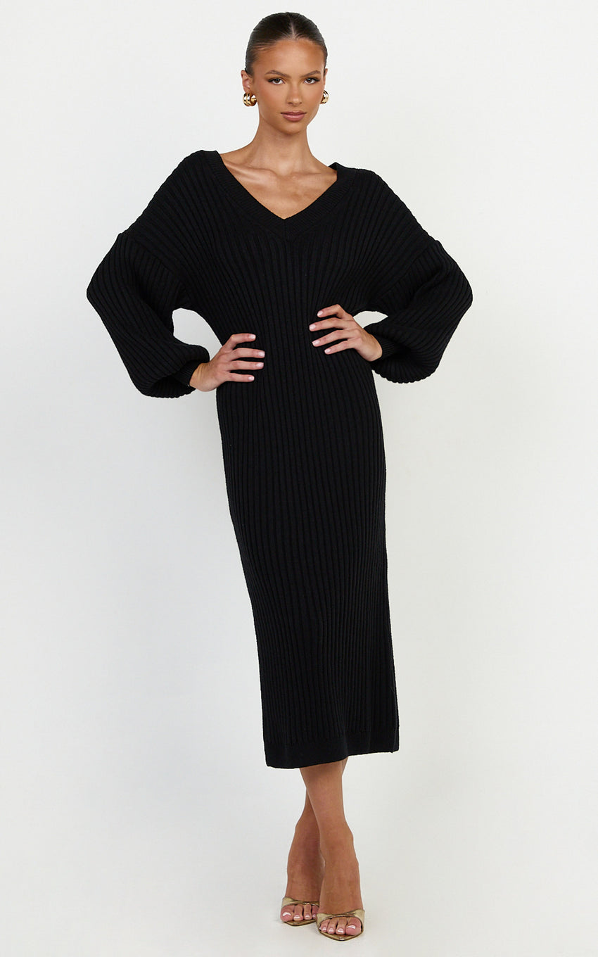 Kartia Midi Dress - V Neck Knit Dress in Black