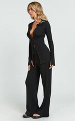 Kelsey Top - Button Through Long Sleeve Knit Top in Black