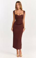 Kenna Midi Dress - Gathered Bust Tucked Waist Dress in Chocolate
