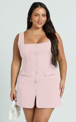 Kenna Mini Dress - Square Neck Button Down Mini Dress in Pink