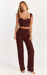 Kenna Two Piece Set - Gathered Bust Top And High Waist Straight Leg Pants Set in Chocolate