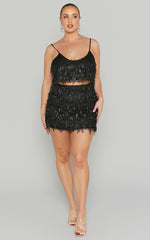Khrizza Top - Sequin Diamond Mesh Cropped Cami Top in Black