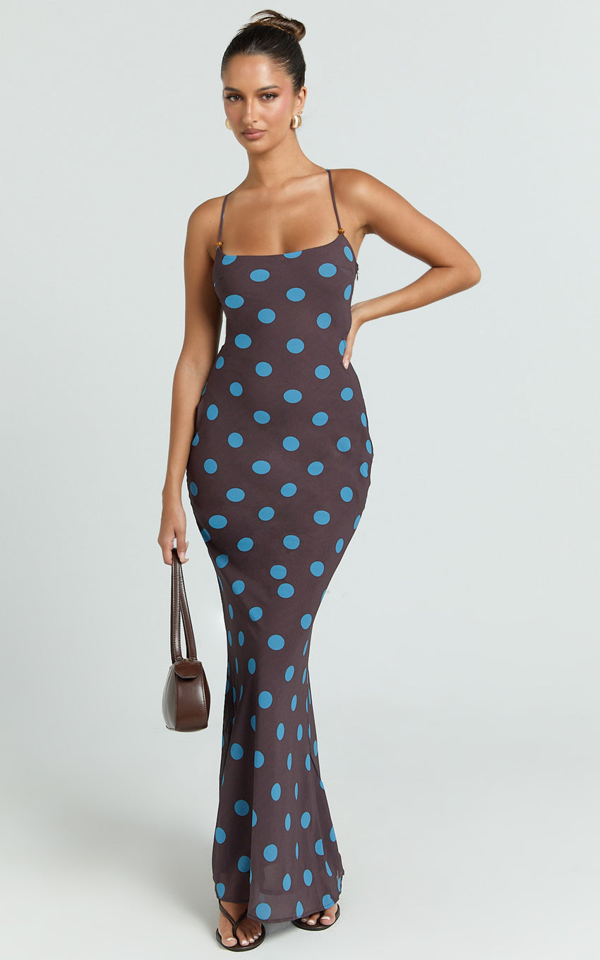 Krishna Maxi Dress - Strappy Scoop Neck Tie Back Dress in Polka Dot Print