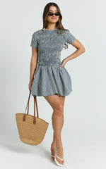 Kristen Mini Dress - Short Sleeve Smocked T-Shirt Dress in Navy