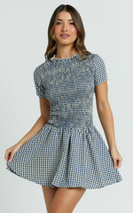 Kristen Mini Dress - Short Sleeve Smocked T-Shirt Dress in Navy
