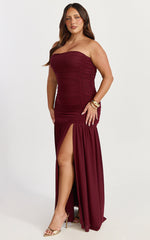 Lara Maxi Dress - Strapless Ruched Mesh High Leg Split Dress in Wine