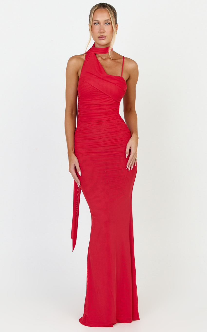 Larson Maxi Dress - Asymmetric Tie Neck Column Dress in Red