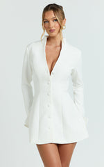 Layton Mini Dress - V Neck Long Sleeve Button Front Tulip Skirt Dress in White