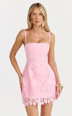 Maisie Mini Dress - Strapless Broderie Cut Out Border Hem Dress in Pink