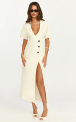 Makayla Midi Dress - Low Cut Button Down Midi Dress in Cream