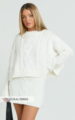 Marge Mini Skirt - High Waisted Cable Knit Mini Skirt in White