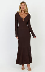 Maris Midi Dress - Keyhole and Hardware Neckline Long Sleeve Flared Dress in Choc