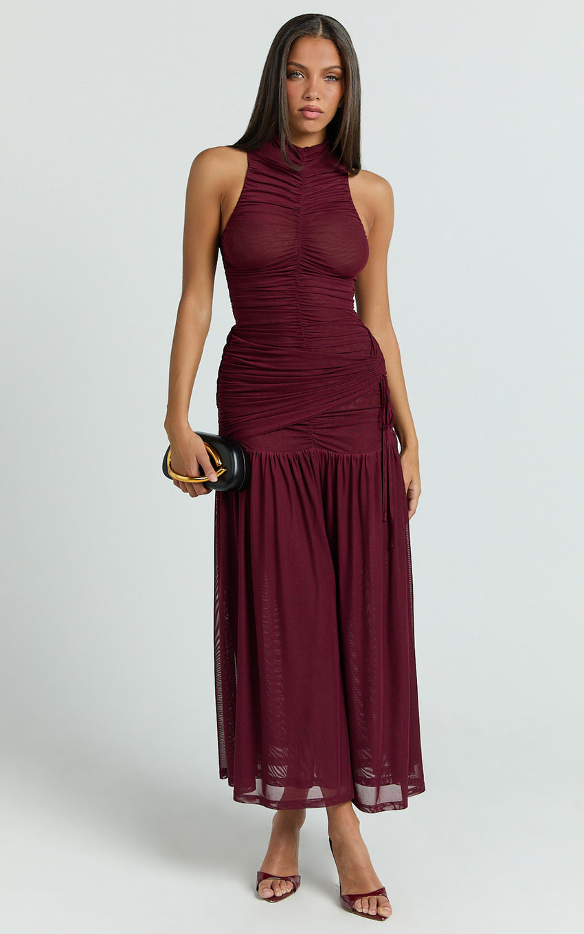 Metzie Midi Dress - High Neck Gathered Mesh Dress in Burgundy