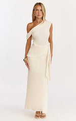 Minnie Two Piece Top and Skirt Set - Drape Off Shoulder Top and Maxi Skirt in Cream