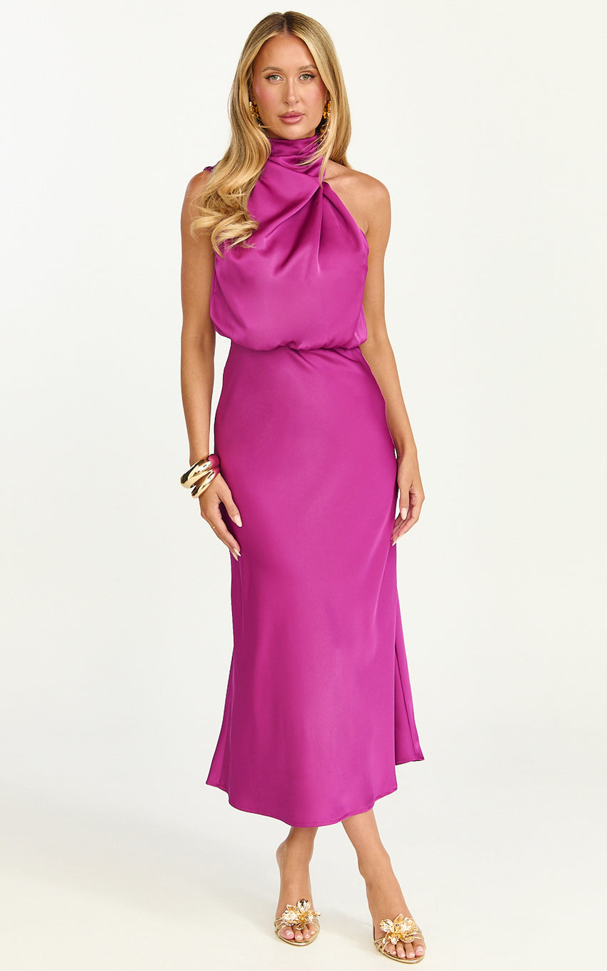 Minnie Midi Dress - Drape Neck Satin Slip Dress in Purple