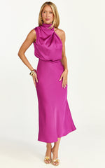 Minnie Midi Dress - Drape Neck Satin Slip Dress in Purple
