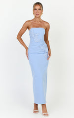 Moana Maxi Dress - Strapless Floral Embellished Structured Column Dress in Soft Blue