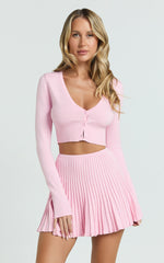 Naomi Two Piece Set - Contrast Knit Button Up Long Sleeve And Pleated Mini Skirt in Plain Baby Pink