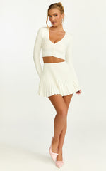 Naomi Two Piece Set - Contrast Knit Button Up Long Sleeve And Pleated Mini Skirt in Plain White