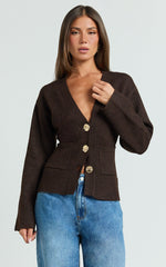 Nerissa Cardigan - V Neck Recycled Knit Contoured Cardigan in Chocolate