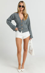 Nerissa Cardigan - V Neck Recycled Knit Contoured Cardigan in Dark Grey