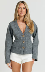 Nerissa Cardigan - V Neck Recycled Knit Contoured Cardigan in Dark Grey