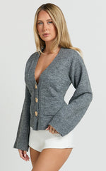 Nerissa Cardigan - V Neck Recycled Knit Contoured Cardigan in Dark Grey
