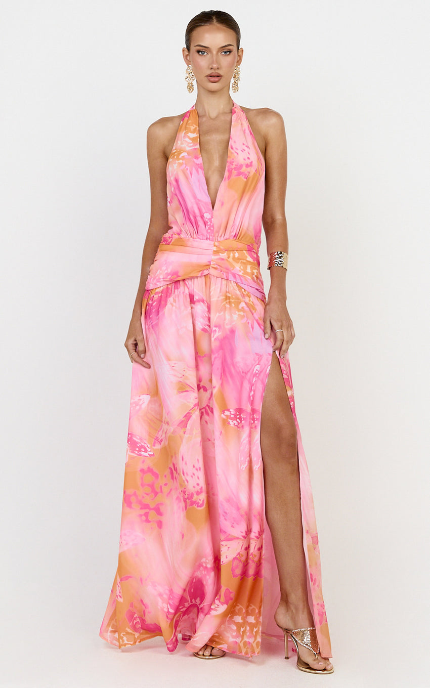 Nova Maxi Dress - Plunge Neckline Backless Georgette Dress in Hot House Orchid Print