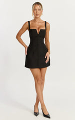 Odette Mini Dress - Plunge V Neck A Line Dress in Black