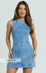 Olenna Mini Dress - High Neck Fitted Denim Dress in Mid Blue Wash