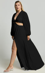 Paige Maxi Dress - Side Cut Out Balloon Sleeve Dress in Black