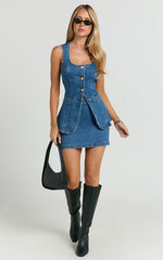 Paige Mini Skirt - High Waisted Denim Skirt in Authentic Dark Blue Wash
