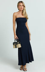 Paris Midi Dress - Strapless Drop Waist Pleated Knit Dress in Navy