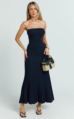 Paris Midi Dress - Strapless Drop Waist Pleated Knit Dress in Navy