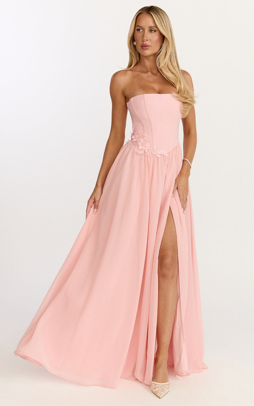 Penny Maxi Dress - Strapless Corset Bodice Floral Embellished Dress in Soft Pink