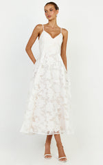 Philine Midi Dress - Jacquard Plunge Fit and Flare Dress in White