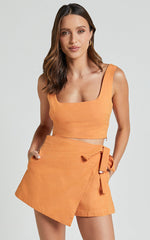 Polina Two Piece Set - Linen Square Neck Crop Top and Tie Waist Skort Set in Orange