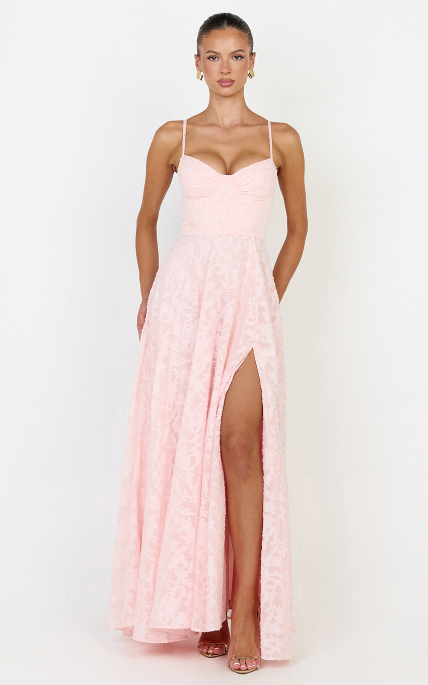 Rachel Maxi Dress - Sweetheart Neckline Jacquard Front Split Dress in Pink