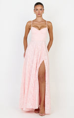 Rachel Maxi Dress - Sweetheart Neckline Jacquard Front Split Dress in Pink
