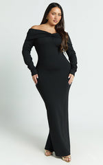Rani Maxi Dress - Off Shoulder Long Sleeve Bodycon Dress in Black